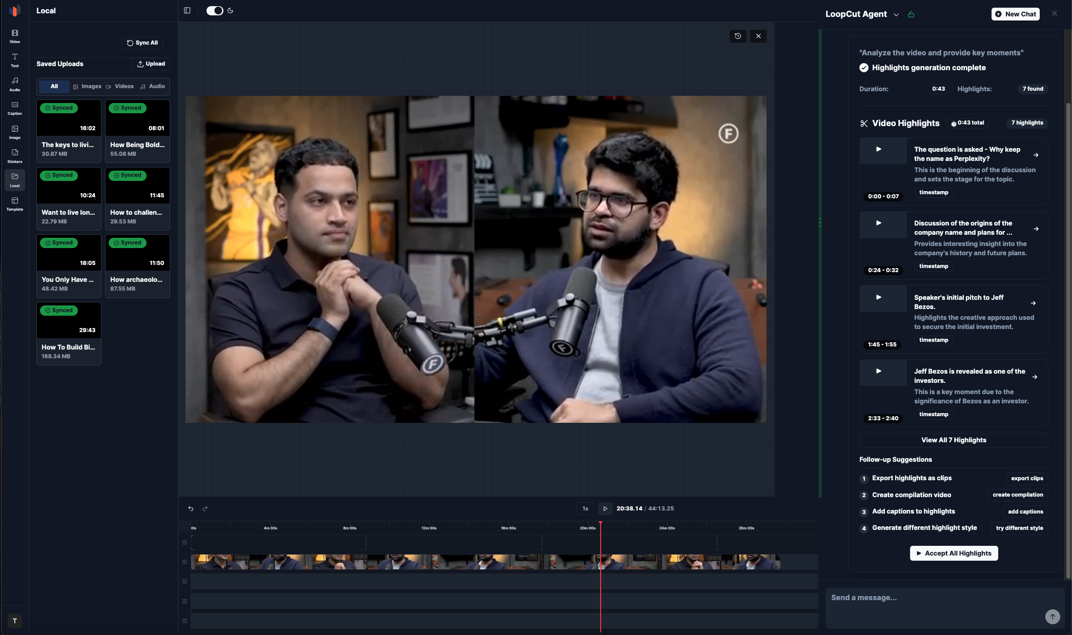 Loopdesk AI video editing interface showing automated highlight generation from a podcast interview, with timeline, video clips, and AI-generated key moments analysis
